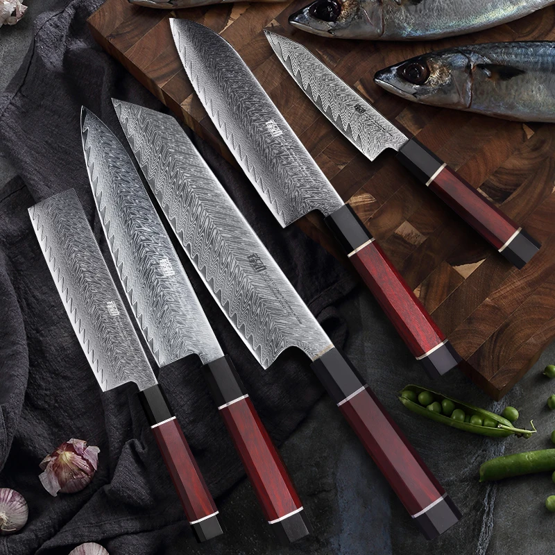 

FINDKING Knife Red Samurai Series 5 Pcs AUS-10 Damascus Steel Knife Set Kiritsuke Santoku Nakiri Paring Chef Kitchen Knife Sets