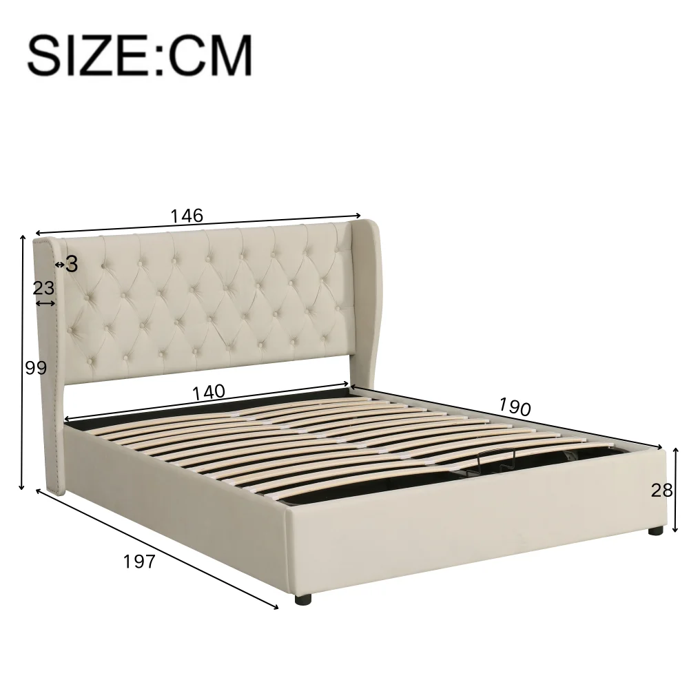 Gepolstertes Bett in Ohrenform aus Samtstoff mit Knopfnähten, Doppelbett, hydraulisches Funktionsbett mit Gittergitter und Stauraum – Detail 28