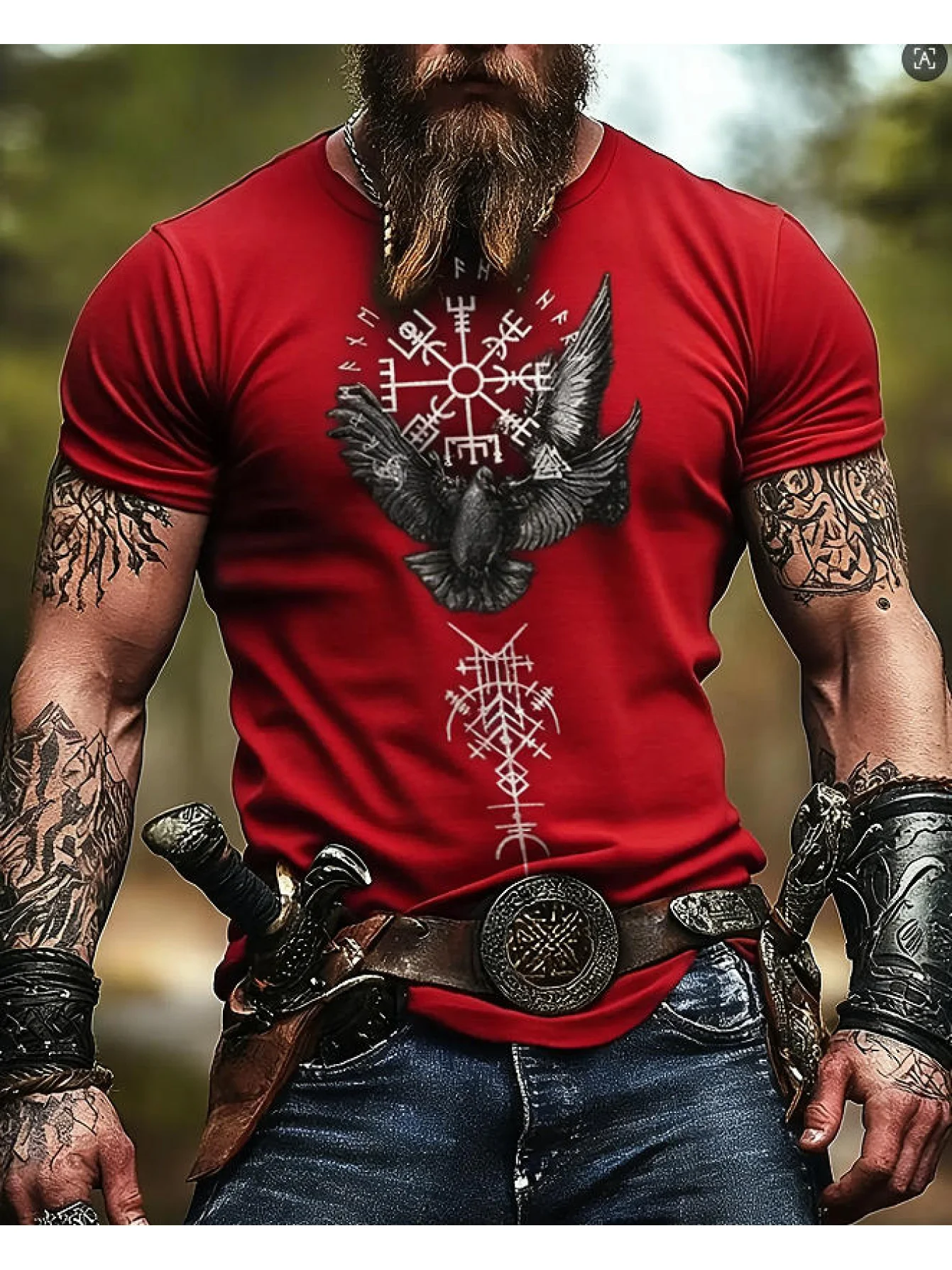 Nordic Warrior Viking Symbol 3D-Druck, rotes, kurzärmeliges Retro-Fitness-Muskel-Top für Herren, schnell trocknendes Sport-T-Shirt für Herren im Sommer