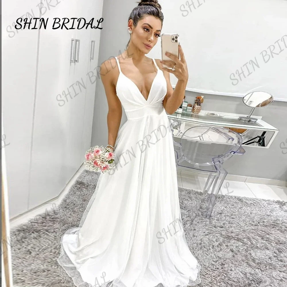 

SHIN BRIDAL Simple Beach Wedding Dress V-neck Spaghetti Straps A-line Sexy Bridal Gown Sweep Train Ivory Custom vestido de noiva