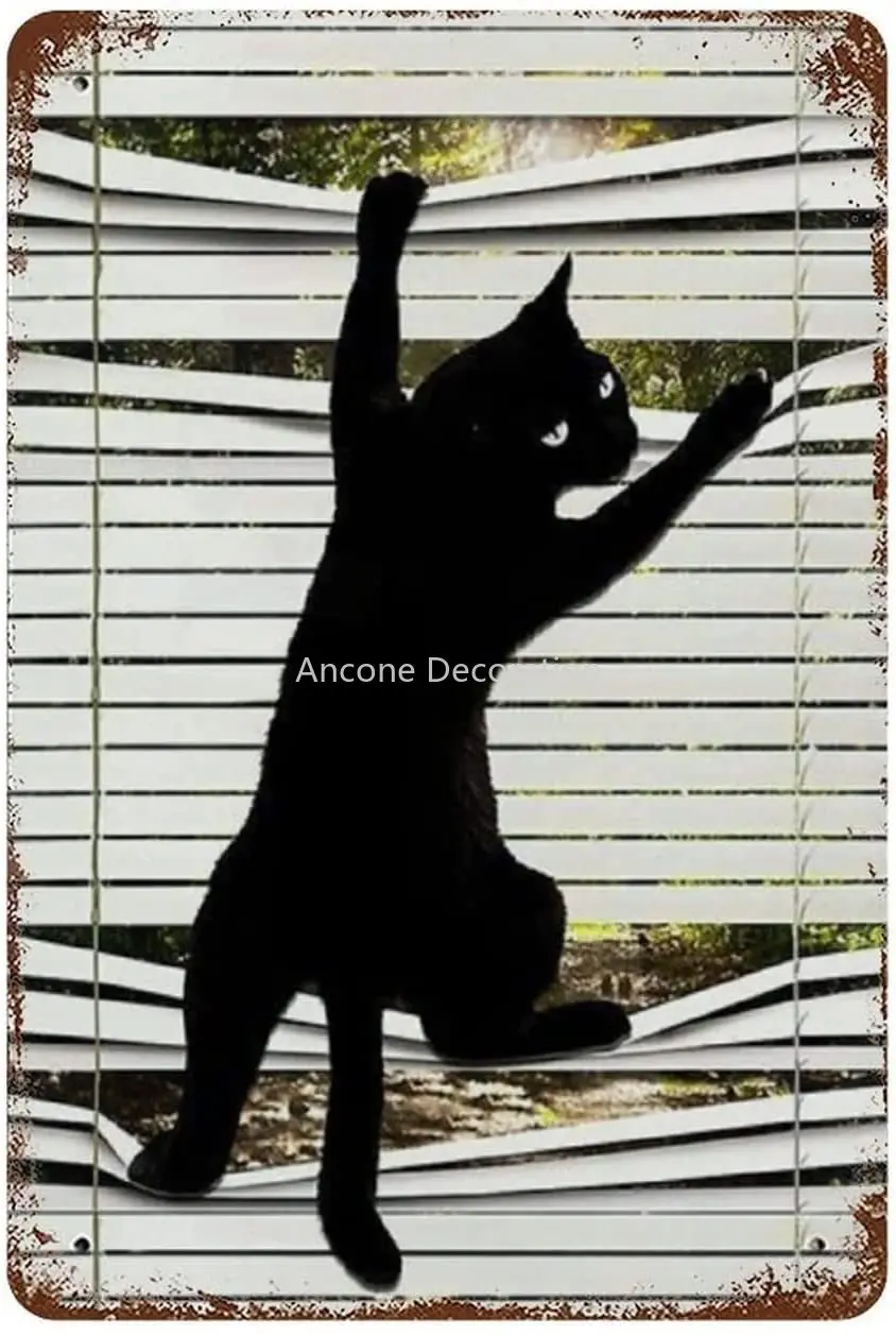 

Nostalgic tin sign, black cat climbing window, kitchen and bathroom home art wall decoration plaque gift