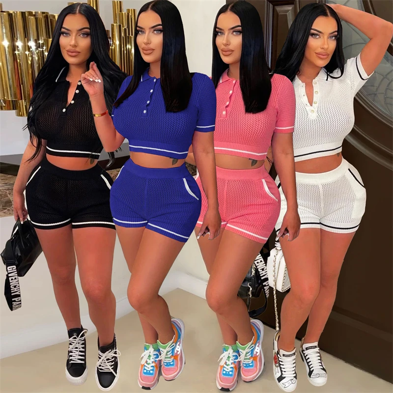 

Knitted Shorts Set Women Lapel Neck Short Sleeve Crop Tops Pockets Shorts Matching Two Piece Sets 2023 Summer Fitness Tracksuits