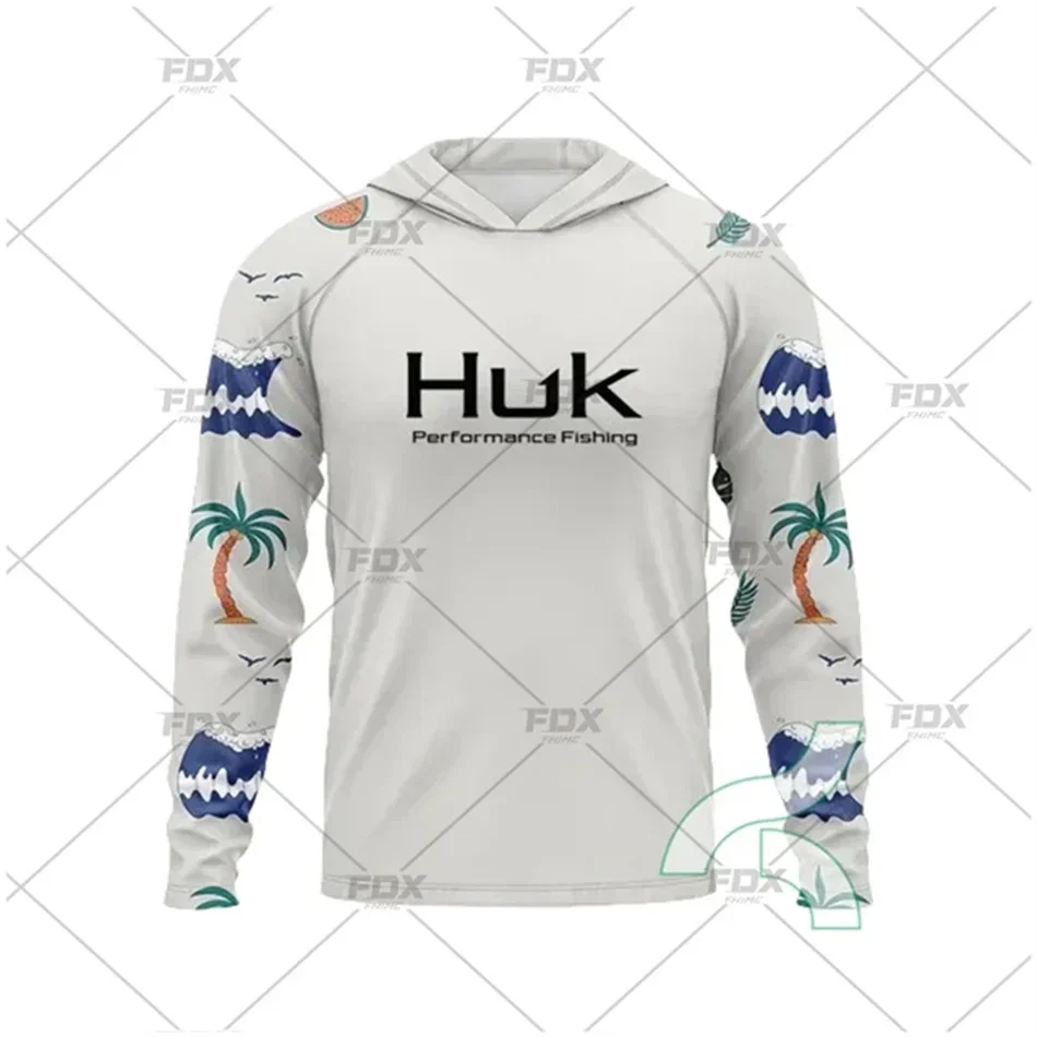 HUK Men's Camouflage Fishing Shirt with Hood Outdoor Sun Protection Breathable Anti-UV Fishing Clothes T-shirt Ropa De Pesca