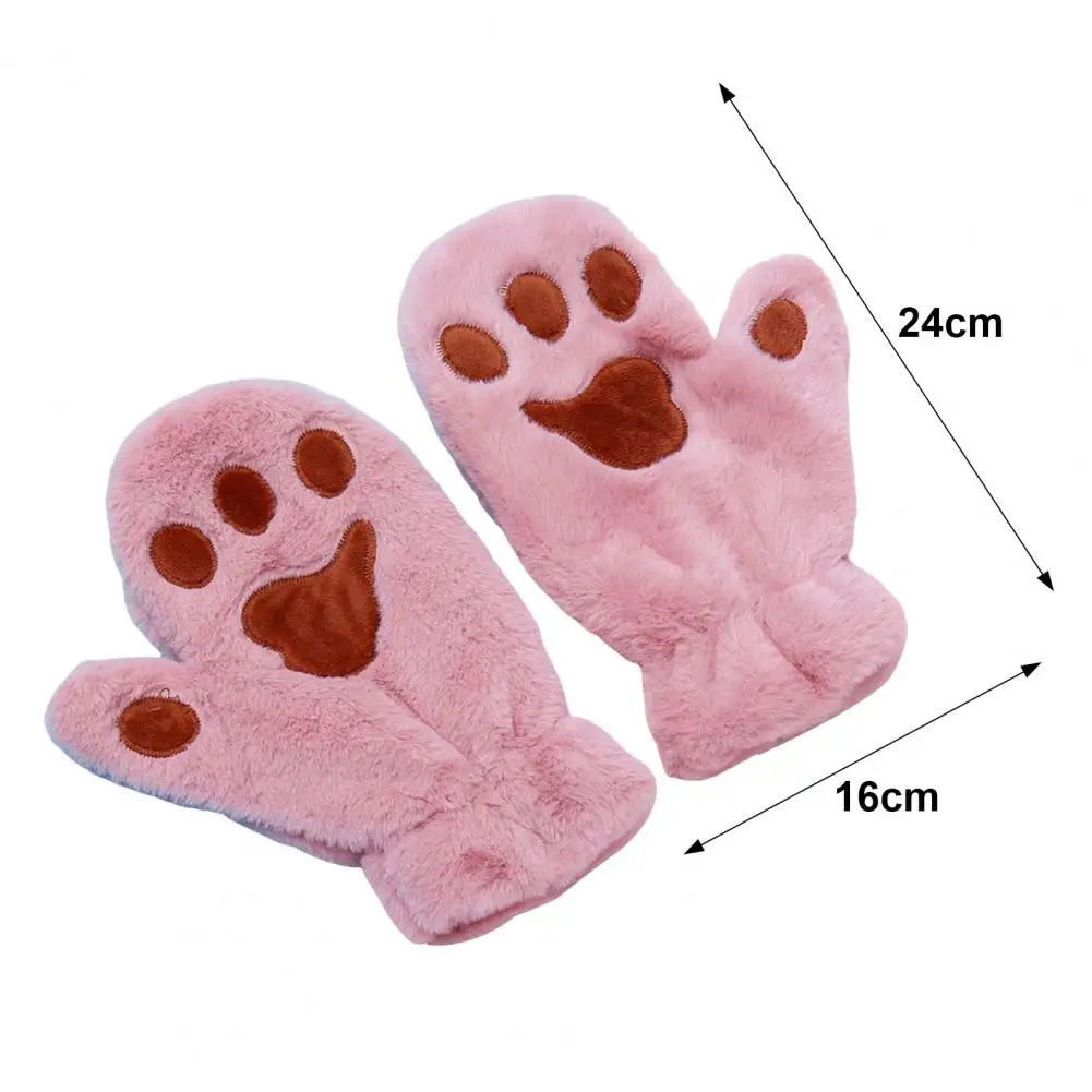 1 Pair Women Winter Mittens Cartoon Cat Paw Shape Thick Plush Gloves Heat Retention Outdoor Skiing Cycling Gloves