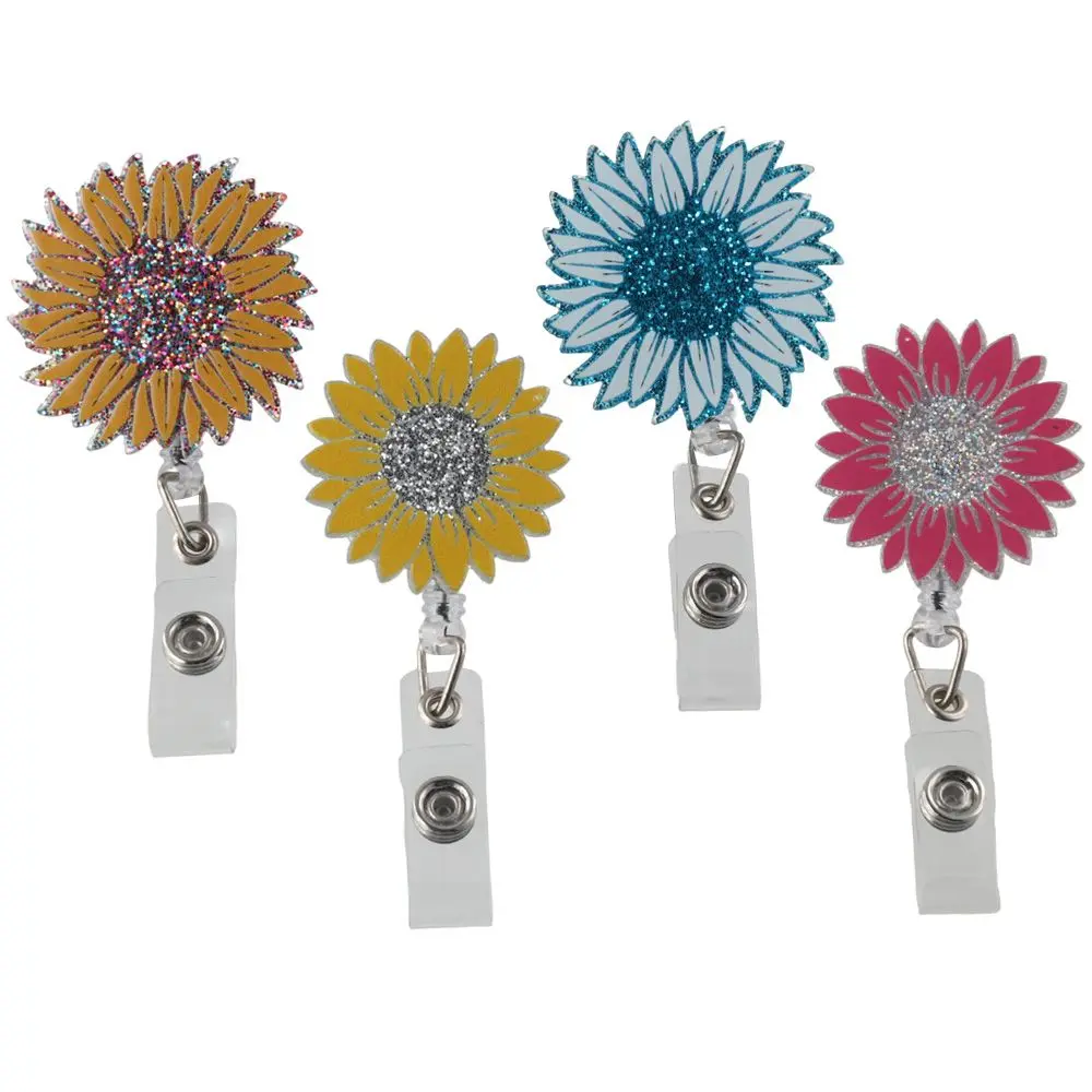 

4 Pcs Acrylic Badge Reel Gift Sunflower Heavy Duty 360° Swivel Office