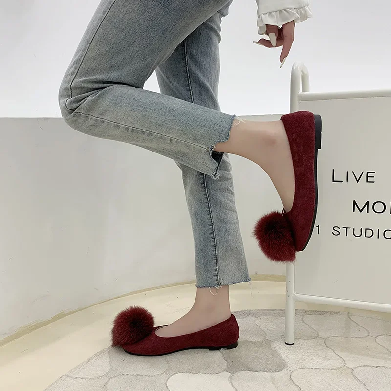Furball single shoe woman Spring and Autumn Korean version square head suede women's flats big size casual shoes for women