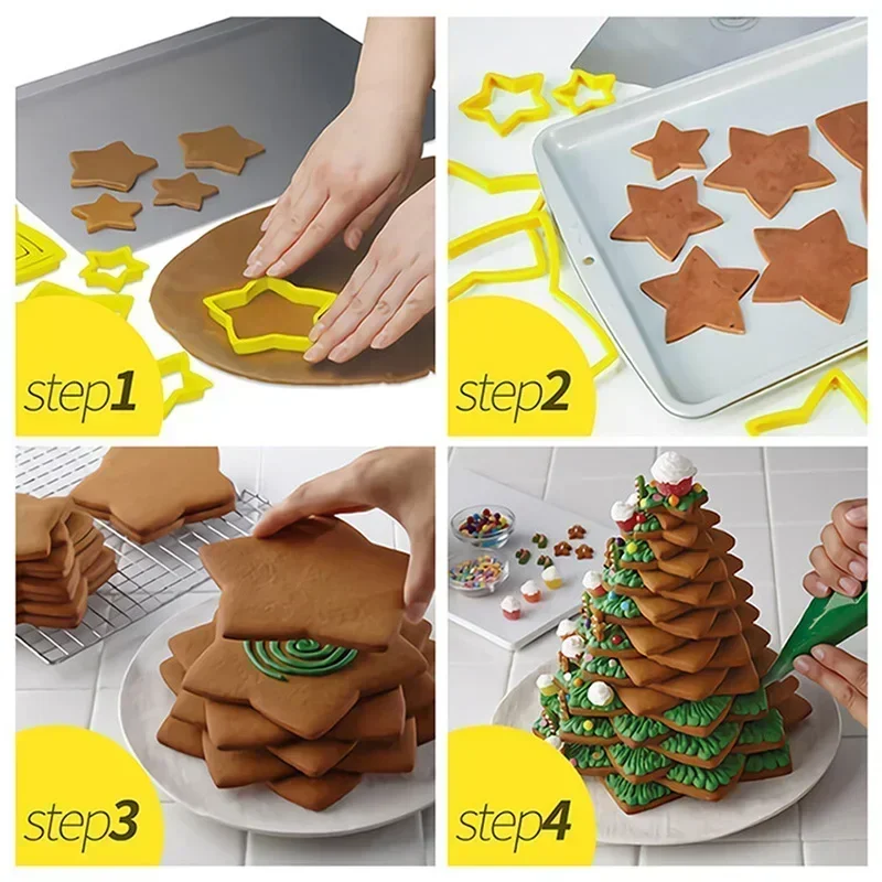 6pcs/Set Christmas Tree Cookie Cutter Mold Xmas Plastic DIY 3D New Year Biscuits Gingerbread Maker Stamp Baking  Accessories