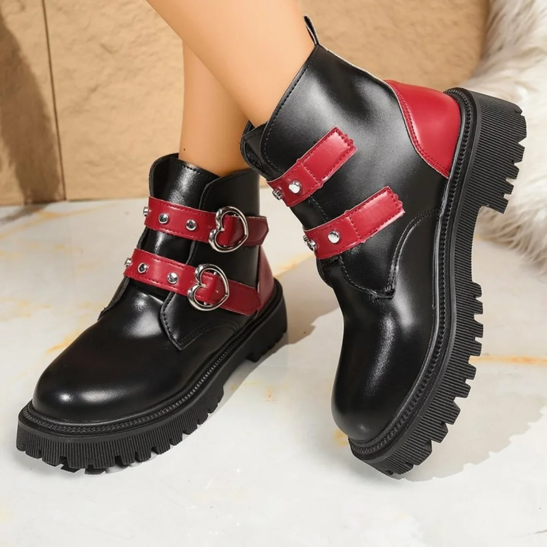 Women's Mid Heels Boot Round Toe Platform Shoes 2025 New Autumn Winter Fashion Belt Buckle Boots Short Boots for Women Handmade