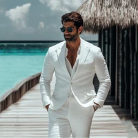 White Linen Suits For Men 2 Pieces Beach Wedding Party Tuxedos Casual Linen Male Jacket Blazer Pants Costume Homme Mariage 1