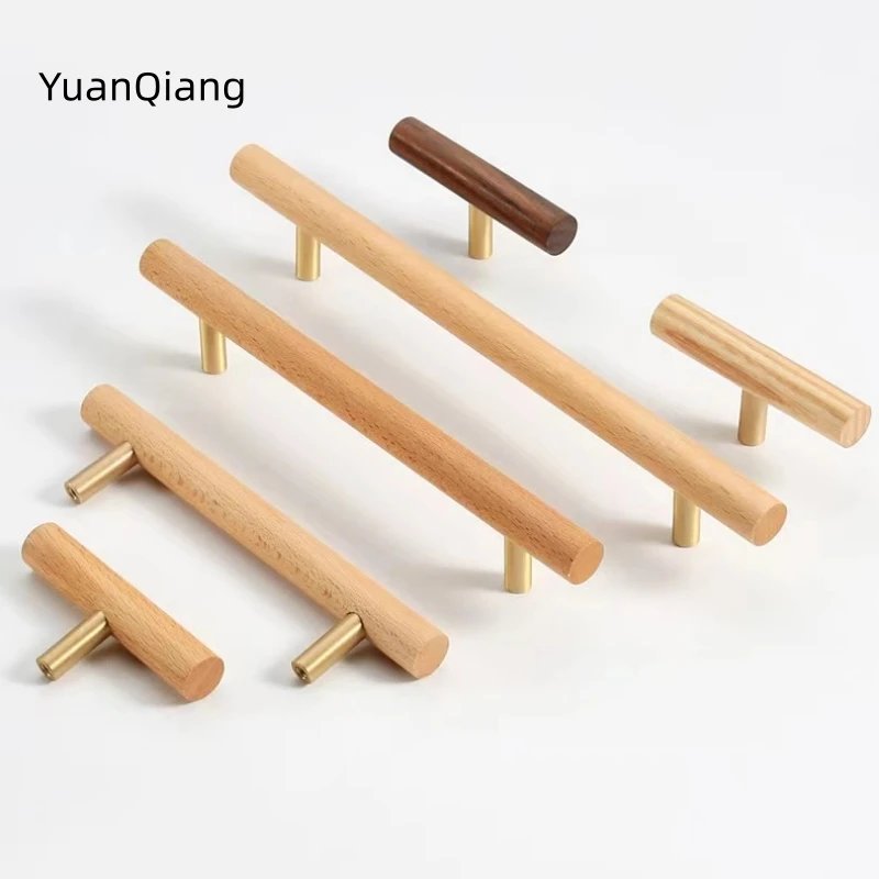 Nordic Walnut Wooden Handles Long Wardrobe Wood Furniture Pulls Drawer Cabinet Door Knob T Bar Decoration Furniture Hardware