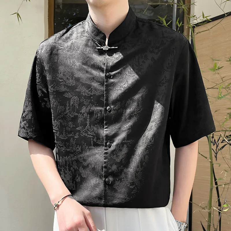 

Luxury Vintage Jacquard Shirt 2024 Spring Casual Tuxedo Fashion Man Wedding Social Shirts EU M-XL Mid Sleeved Shirt Man Fashions