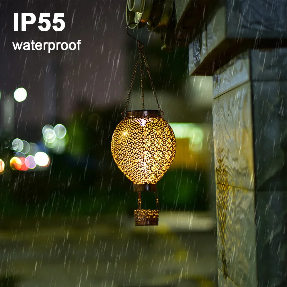Solar Decorative Night Light IP55 Waterproof Retro Hot Air Balloon Light Auto On&Off Flower Hollow Out Lantern for Holiday Party