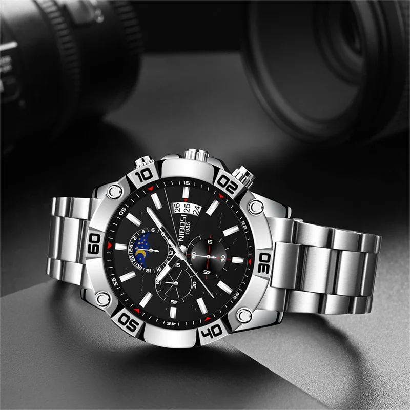 NIBOSI Luxury Chronograph Quartz Watch for Men Stainless Steel Waterproof Luminous Date Fashion Mens Watches Relogio Masculino