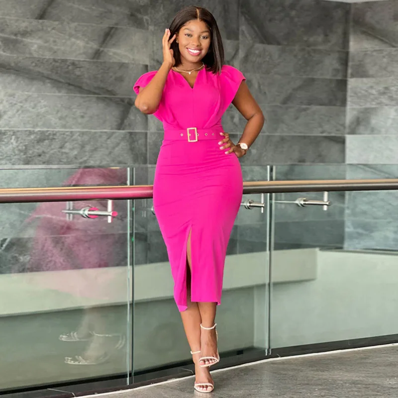 

Elegant Work To Wear Slit Pencil Dress for Women Short Sleeve V-neck Office Lady Bodycon Midi Dress Sexy Party Club Dress Belt