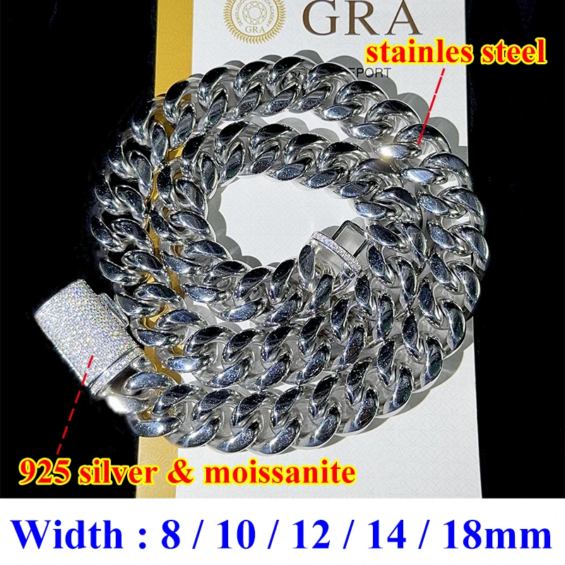 Unisex Moissanite küba zincir kadınlar için paslanmaz çelik altın adam klasik Moissanite bilezik küba zincir Hip hop 8/10/12/14/18mm