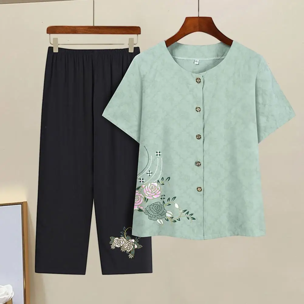 

Women Summer Tops Pants Set Stylish Mid-aged Women's Floral Print Casual Outfit with O-neck Top Wide Leg Pants Set for Summer