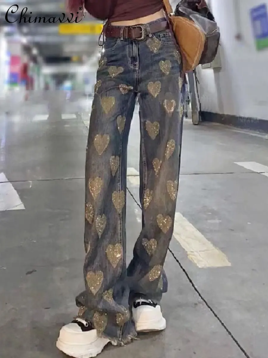 

Jeans for Women Spring New Heavy Embroidery Hot Drilling Heart-Shaped Trousers Fashion Draping Versatile Mopping Wide-Leg Pants