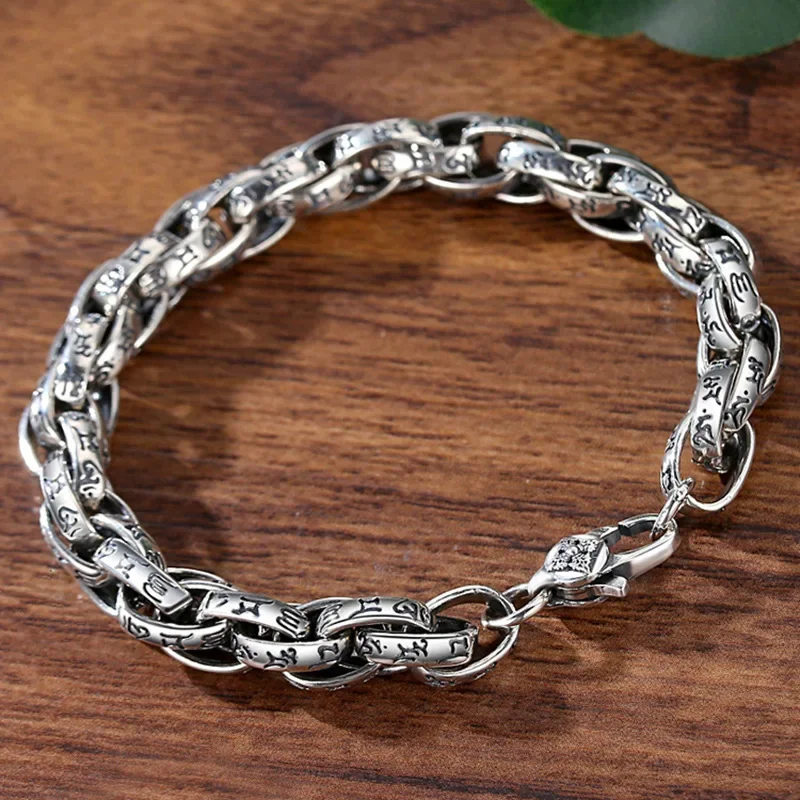 New Trend Simple S925 Sterling Silver Six Character Mantra Men's Bracelet Hip Hop Punk Niche Designs Luxury Jewelry Gift