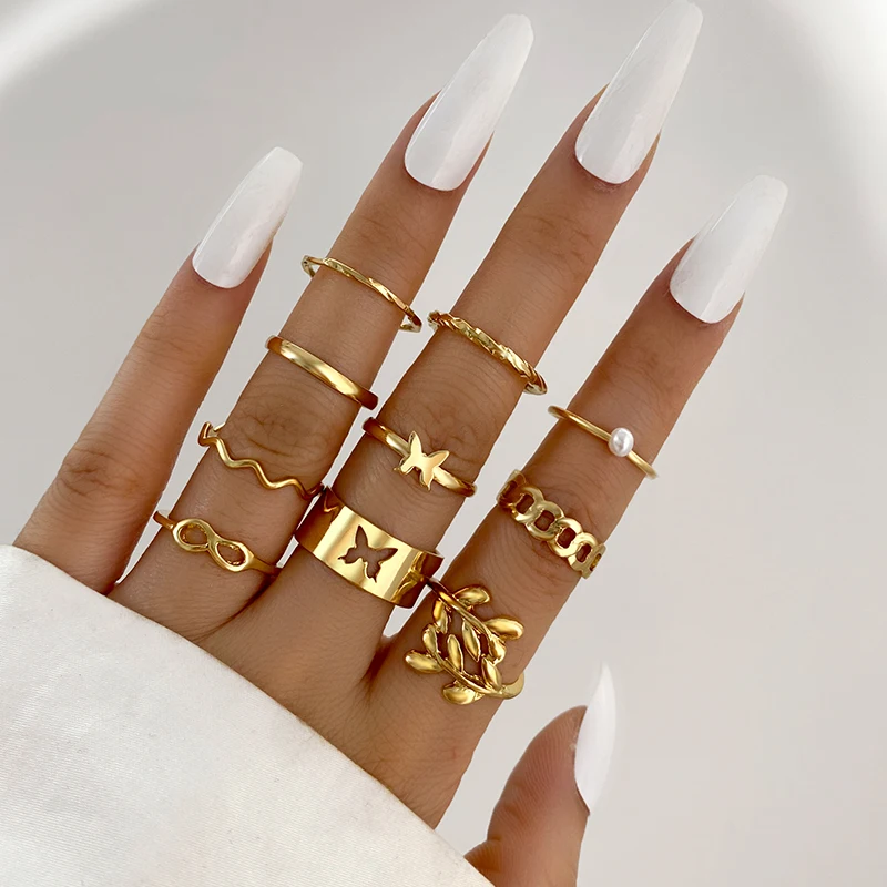 Boho Gold Color 22pcs Heart Rings Set For Women Vintage Geometric Cross Pearl Butterfly Finger Ring Women's Trendy Jewelry