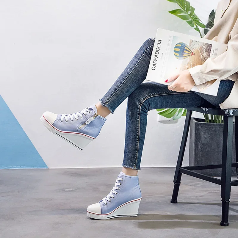 Casual Sneakers Women Hidden Wedge Invisible Heel Canvas Shoes Female Wedge Side Zipper Increased Casual High Breathable Platform Sneakers