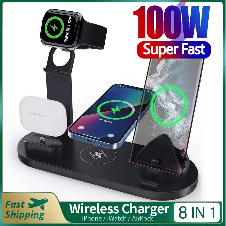 Cargador inalámbrico 3 en 1 8 en 1 de 100W para iPhone 13, 12, 11, Mini, 8, estación de carga por inducción para iPhone, Airpods, Apple Watch 6, | - AliExpress