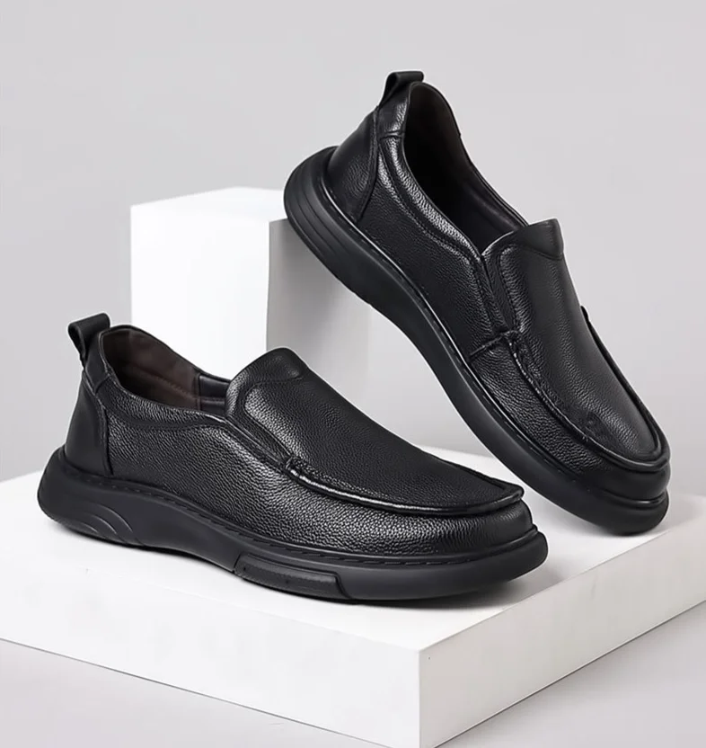 Casual leather round toe, autumn daily leather, men's shoes, slip resistant, loafers, toe layer cowhide,_voghion.com