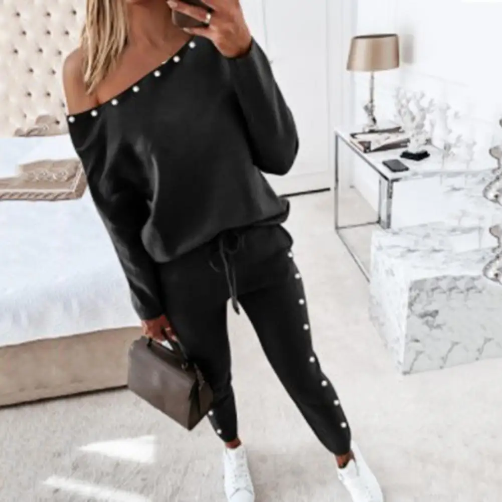 

1 Set Stylish Jogging Sets Bead Patchwork Drawstring Women Loose Long Sleeve Pullover Pants