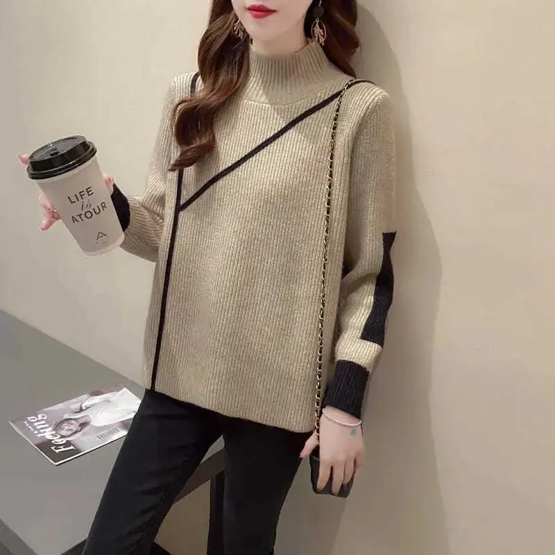 

Semi-Turtle Neck Sweater Women's Autumn Thick Warm Pullover Knitt Sweater Winter Long Sleeve Jumpers Basic Knitwear Loose Female