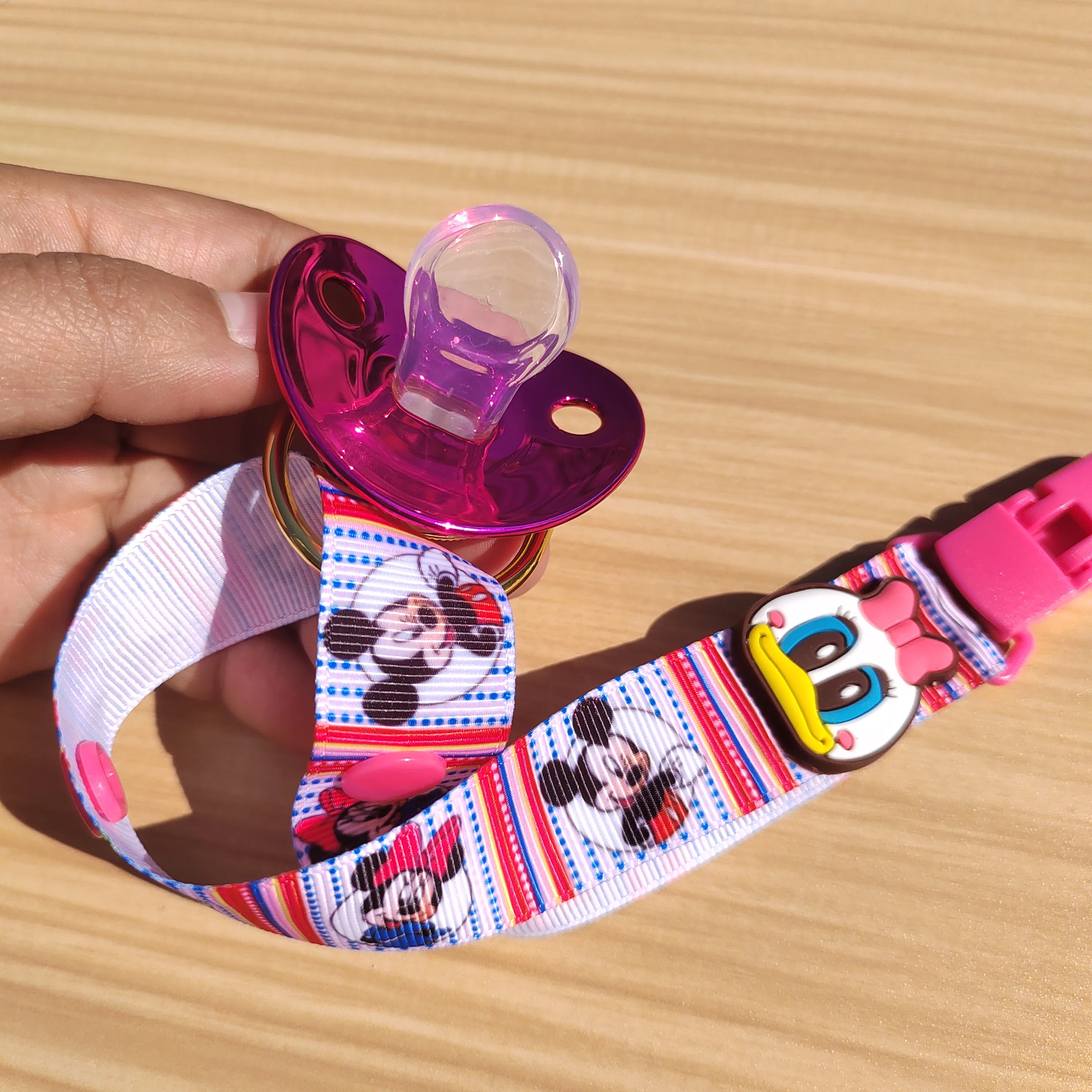 Luxury purple baby pacifier and cute duck print tether holder for someone newborn flat nipple pacifier food grade silicone baby