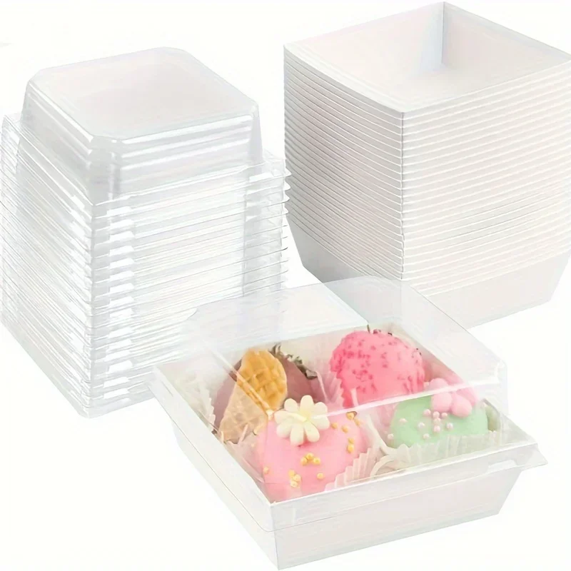 50/100PCS Square Bread Packing Box Sandwich Box with Transparent Lid Cookie Box Swiss Roll Packaging Box Birthday Party Supplies