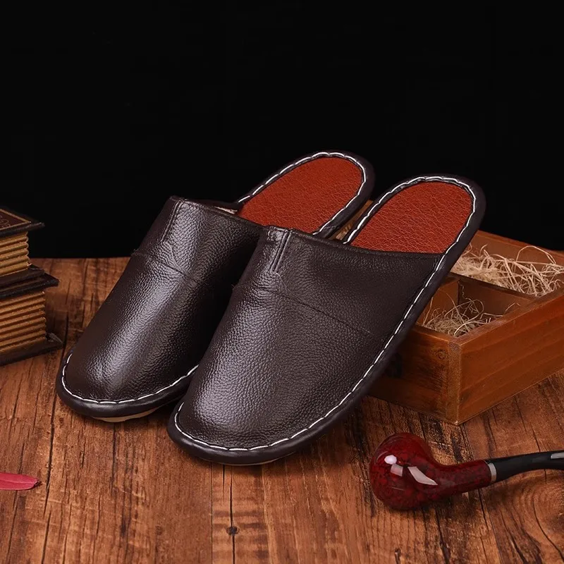Men Spring Cow Leather Indoor Slippers Anti-Skip Comfortable Couple Home Casual Shoes Household Slippers for Women