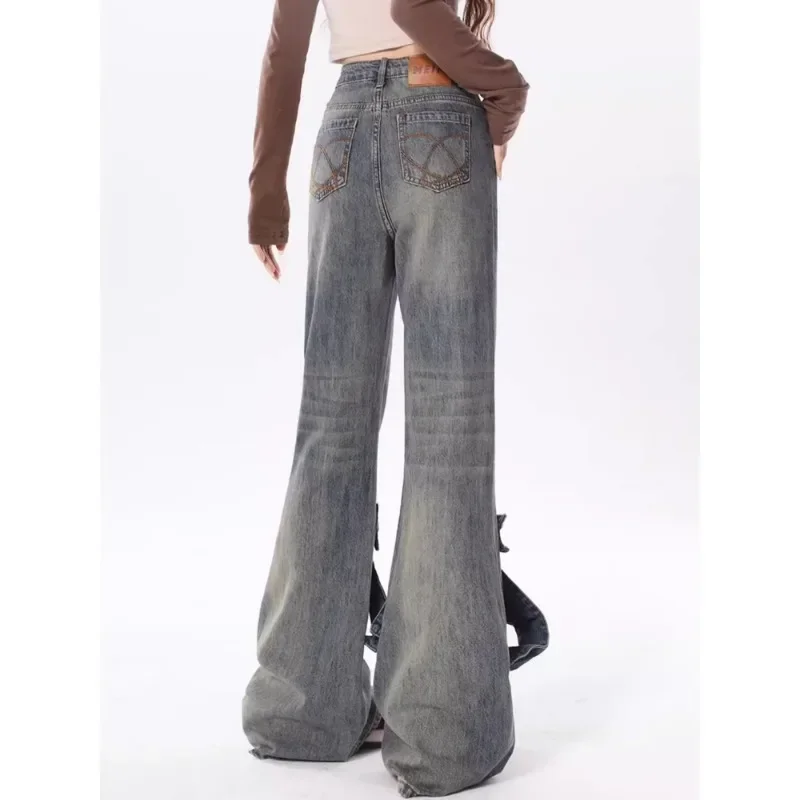 Y2k Vintage Flare Jeans Women Bow Patchwork Korean Streetwear Baddies Denim Pants Harajuku Fashion Gyaru Trousers Acubi