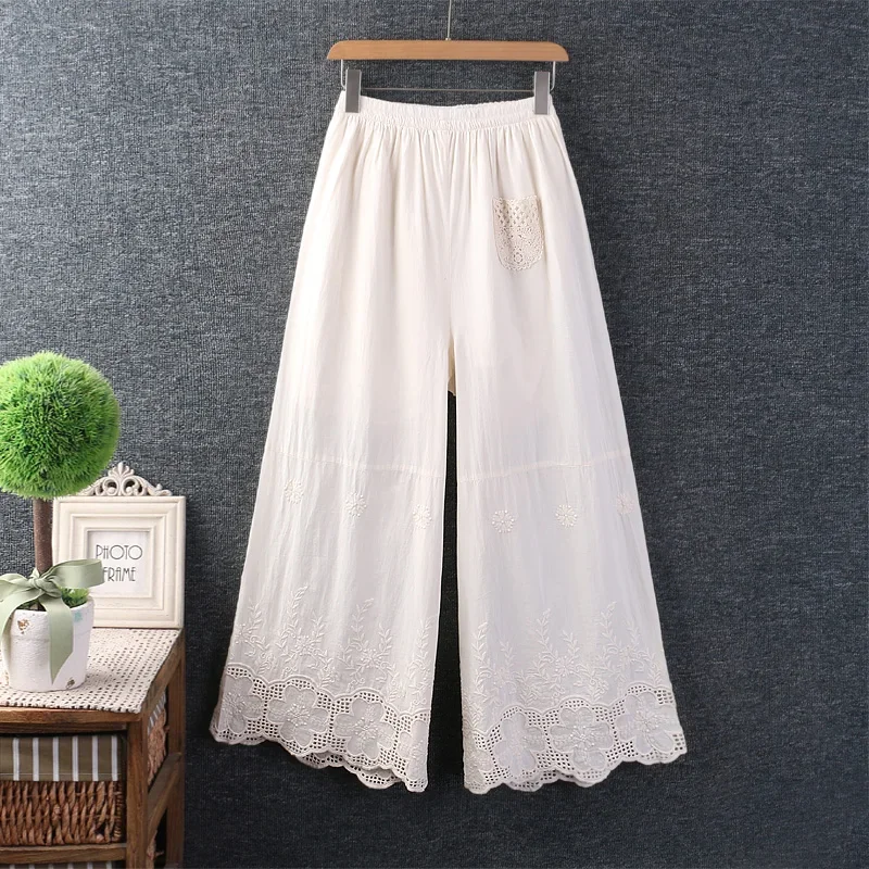 Japanese Wide Leg Pants for Women, Casual Loose Pants, Hollow Out Lace Embroidery, Cotton Linen, Summer and Spring
