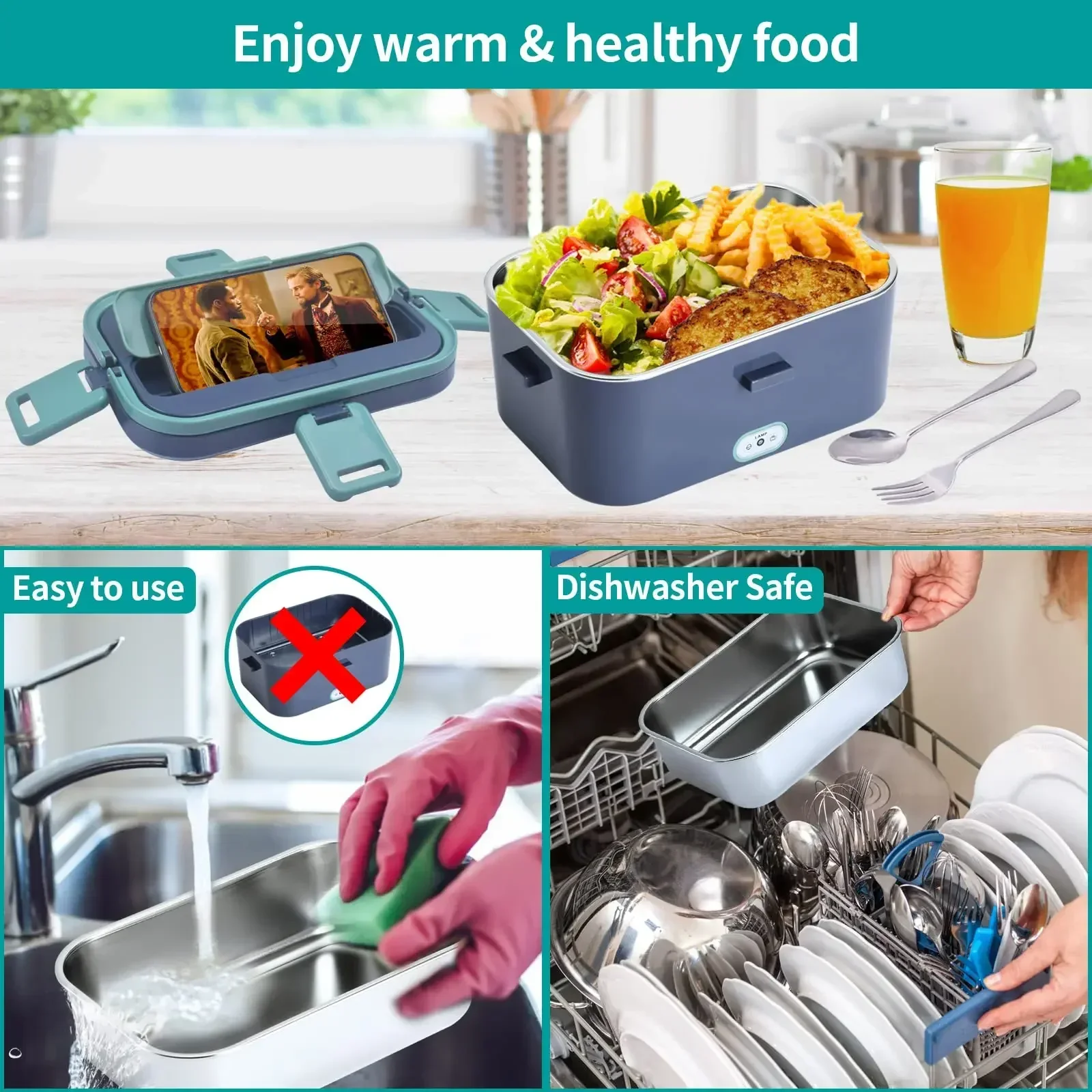 1.8L Electric Lunch Box 60W Food Heated 12V-24V 2-In-1 Portable Food Warmer Heater for Car/Truck/Home Self Heating Box