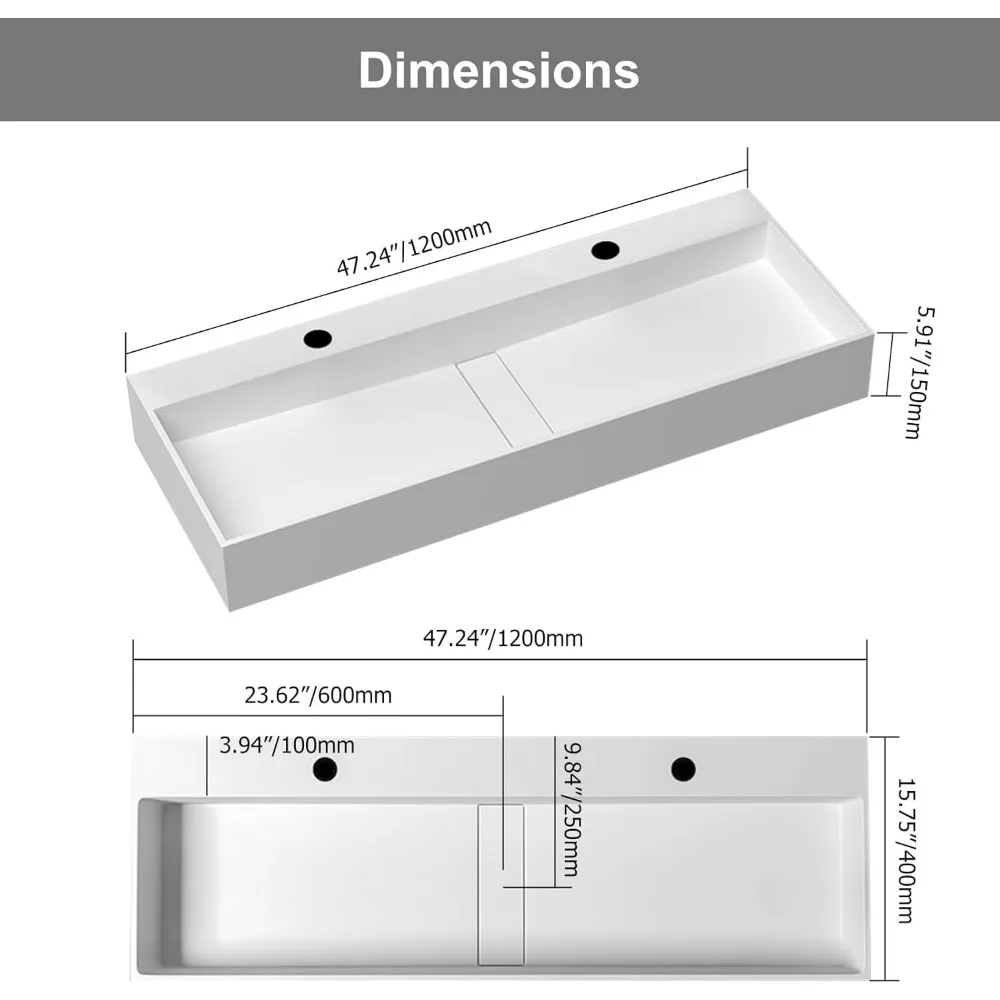 47'' Bathroom Sink Double-Bowl Wall Mounted Trough Floating Sink in Matte White Washhand Stand Sinks Furniture Fixture Home 3