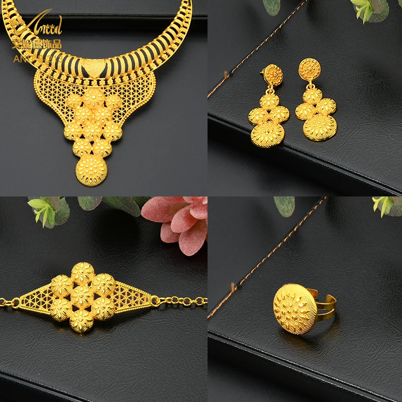 ANIID Ethiopia Dubai Luxury 24K Gold Plated Jewelry Set Choker Necklace Earring Ring For Women Wedding Indian African Jewellery
