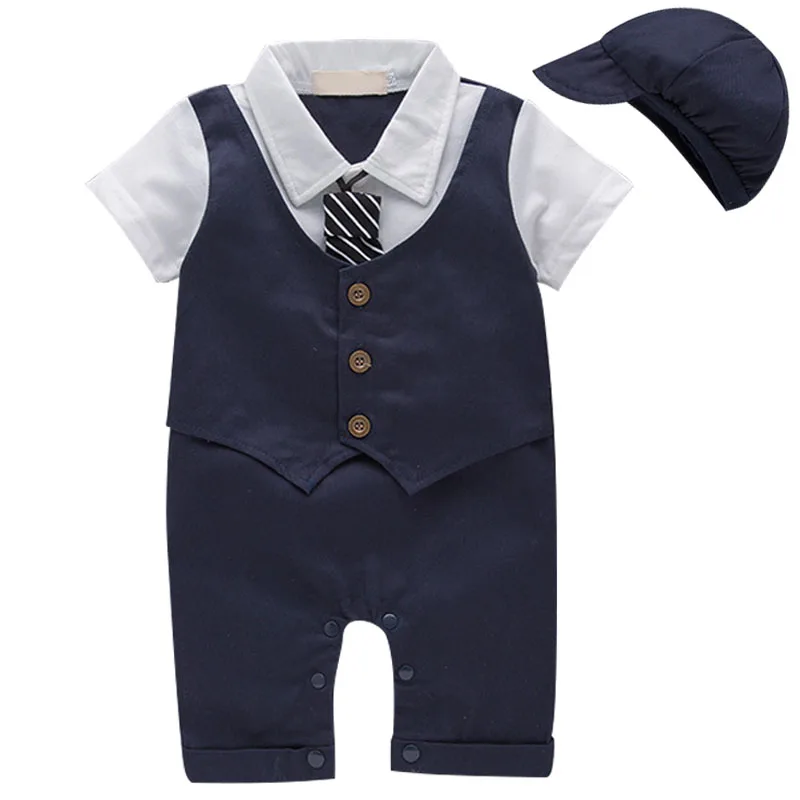 

2Piece Summer Newborn Boy Clothes Korean Fashion Gentleman Tie Short Sleeve Romper+Hat Jumpsuit Baby Boutique Clothing BC1074