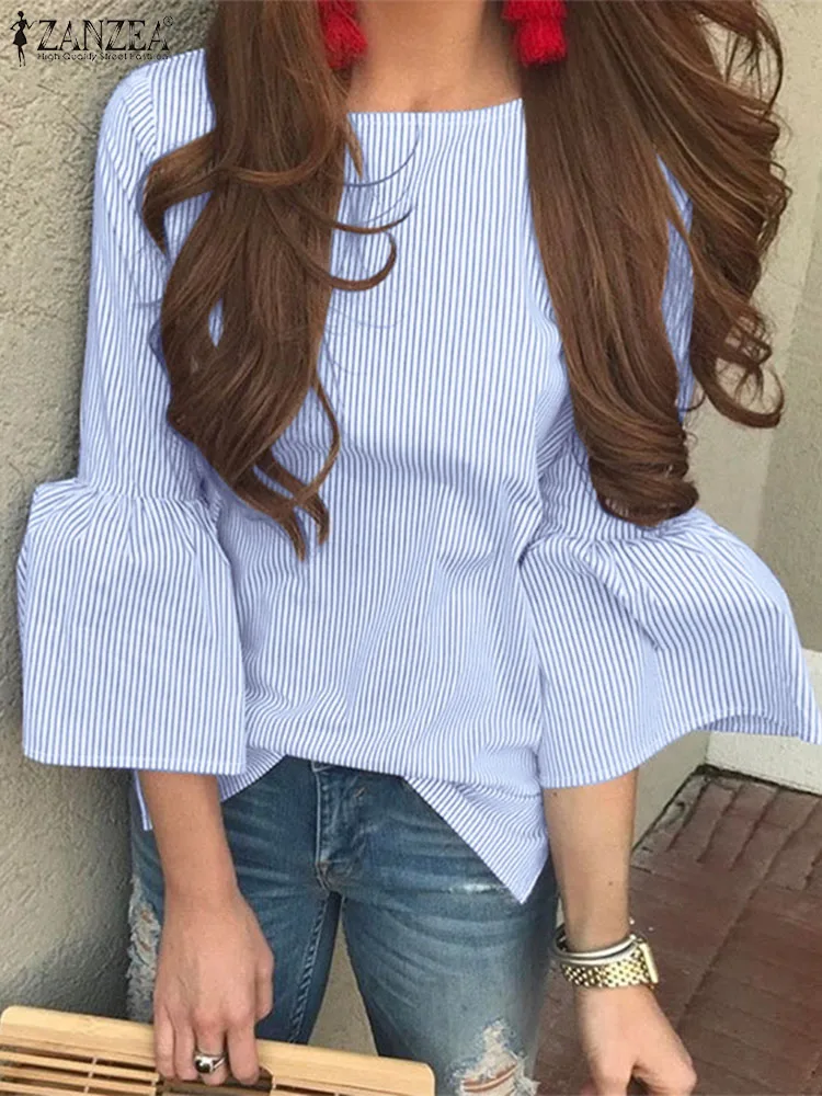 

Women Elegant 3/4 Flare Sleeve Blouse ZANZEA Casual Striped Round Neck Tops Summer 2023 Holiday Round Neck Blusas Mujer Oversize