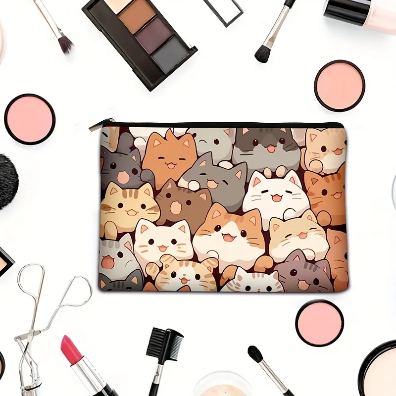 Stylish Cartoon Cat Print Clutch Bag Portable Zipper Cosmetic Bag With Linen Fabric Travel Toiletry Storage Pouch for Women 3
