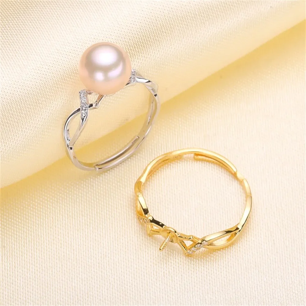 

DIY Pearl Ring Accessories S925 Silver Adjustable Pearl Jade Ring Set Popular Style Fit 7-10mm Round Flat Beads Z026