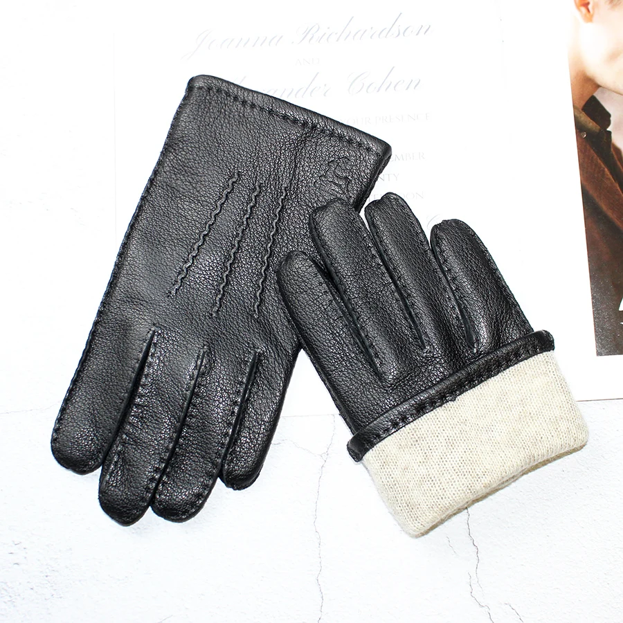 Leather Deerskin Gloves Men's Wool Lining Hand Sewn Fashion Stripe Style Warm Autumn and Winter Brown Touch Screen Split Fingers,warm gloves,leather gloves,male gloves