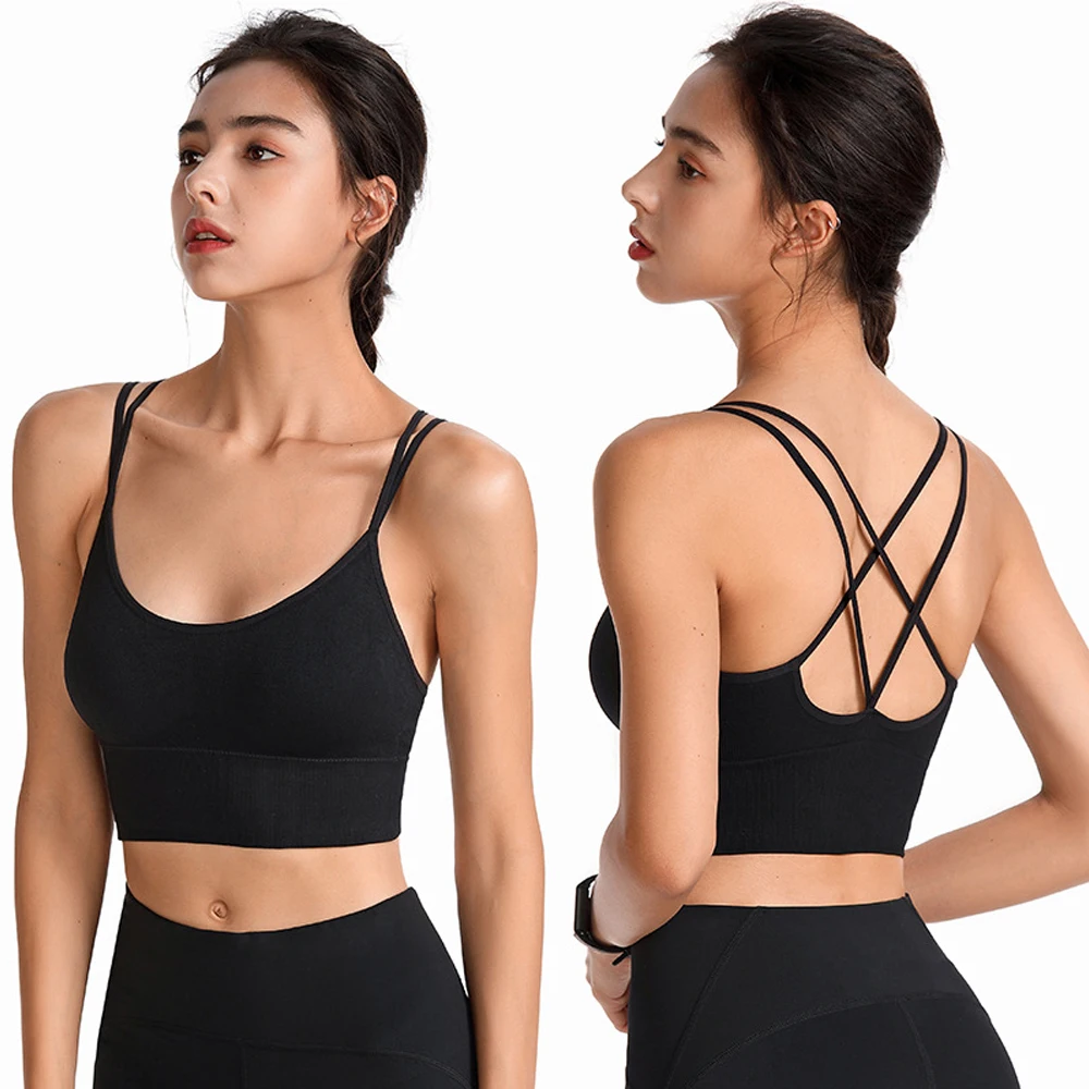 Soutien-gorge de sport à bretelles pour femmes, soutien-gorge de sport à dos croisé, rembourré, de Yoga, d'entraînement, noir