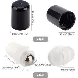 Essential Oil Roller Inserts Kit with Stainless Steel Balls and Black Caps (24Sets)