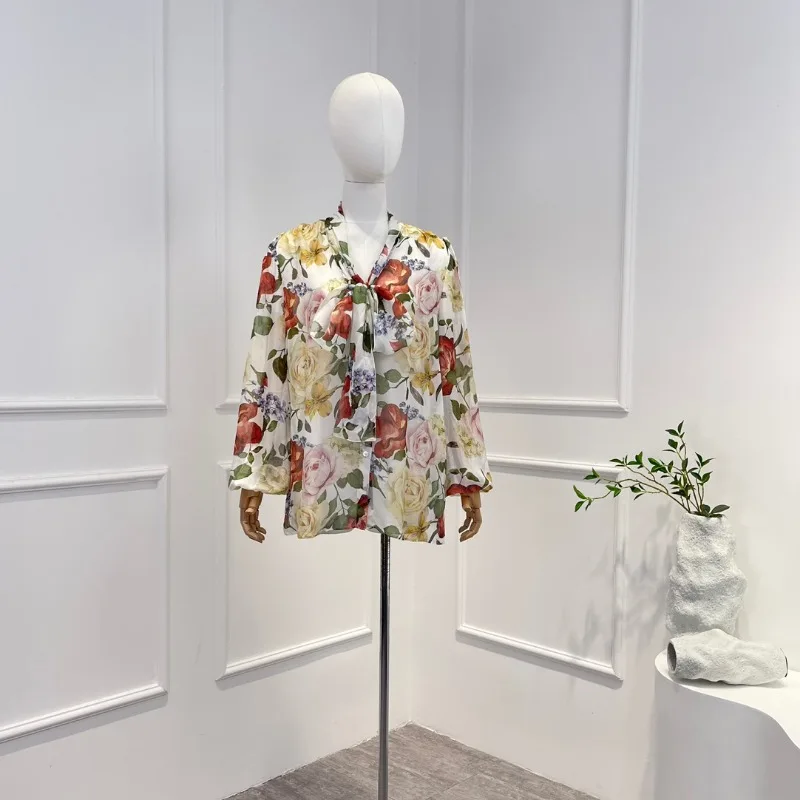 2023 Summer Office Lady Latest Women Silk Rose Flowers Printed Self Tie Front Long Sleeve Blouses