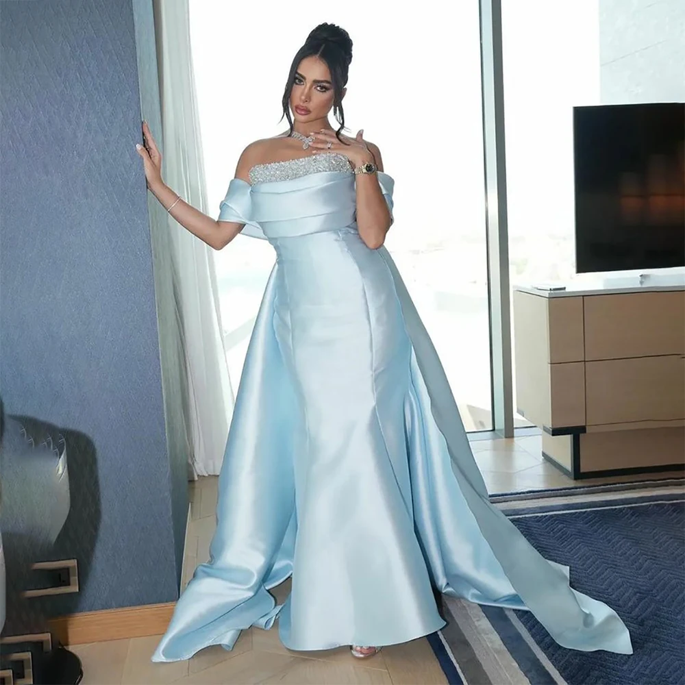 

Verngo Blue Satin Woem's Evening Dress Off The Shoulder Draped Train Prom Gown Zipper Sequined Saudi Arabic Dubai Party Dress