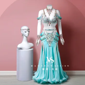 Customized Belly Dance Costumes Bra Skirt Belt Crystal Tassel Fairy Tail Skirt Set Performance Clothing Accessories 7-piece Set