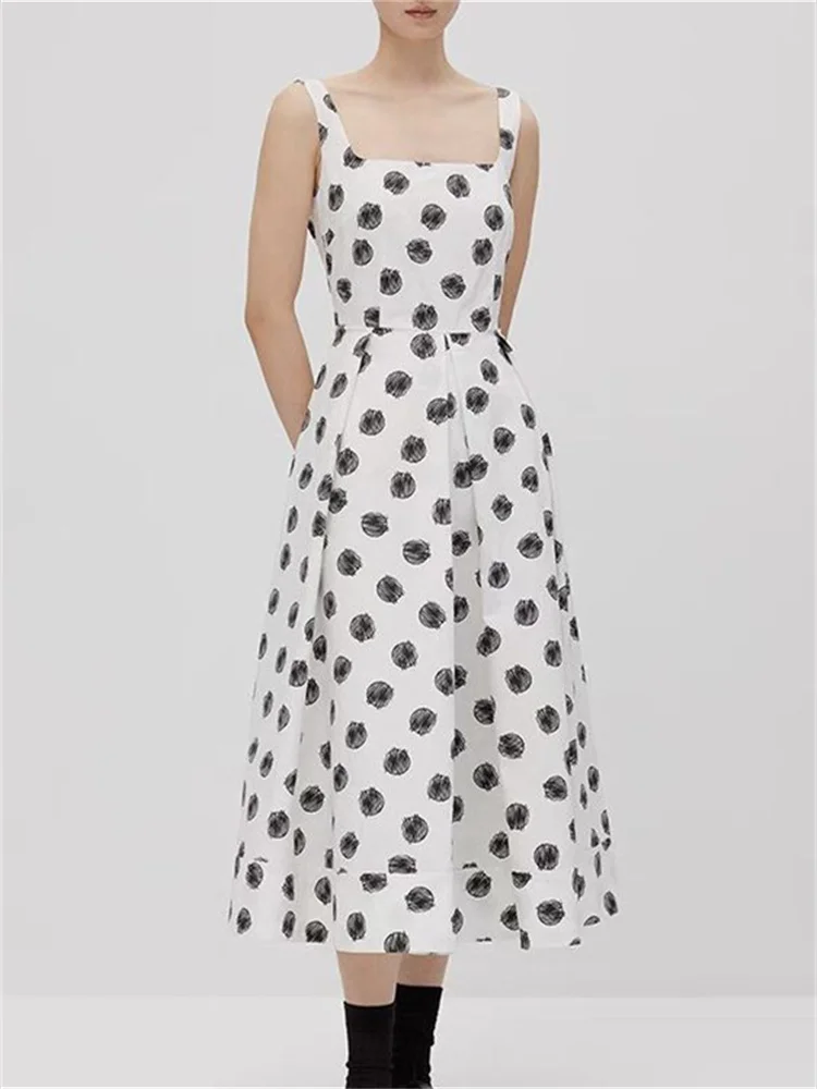 

French Fashion Print Strap Dress for Women Sleeveless Ladies High Waist Slim Fit Long Dresses 2023 New Clothes