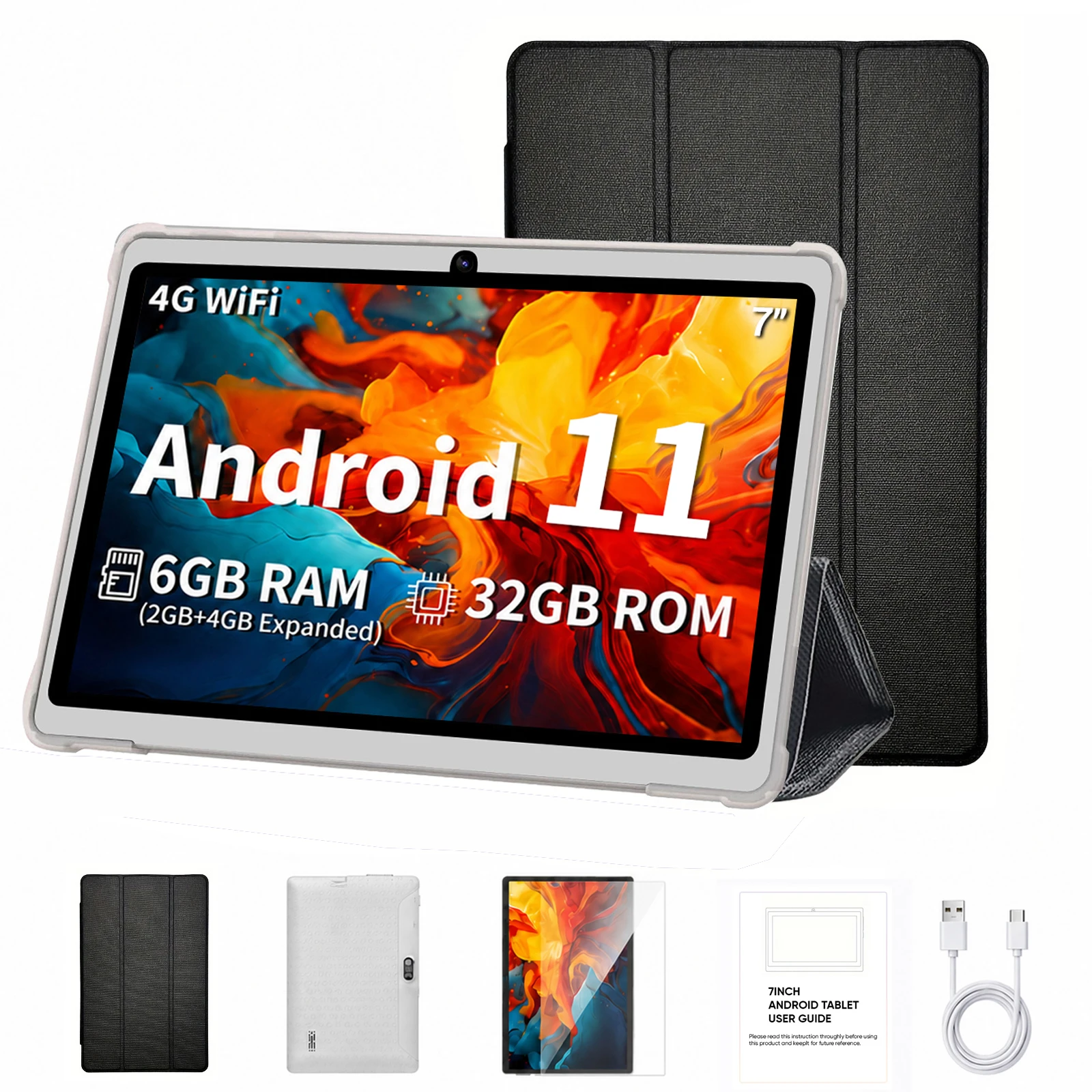 2026 Android 11 7" WiFi Tablet with Case,Max 6GB(2GB+4GB Expansion)RAM+32GB ROM,Quad Core,Dual 2MP Camera,3000mAh IPS Screen
