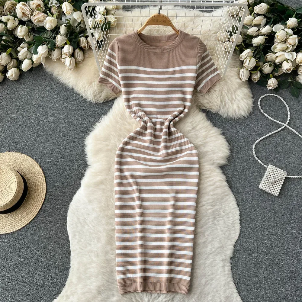 Summer Striped Beach Knitted Dress O Neck Short Sleeves Chic Hotsweet Slim Sundress Streetwear Y2K Bodycon Midi Dress 6