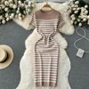 Summer Striped Beach Knitted Dress O Neck Short Sleeves Chic Hotsweet Slim Sundress Streetwear Y2K Bodycon Midi Dress 6